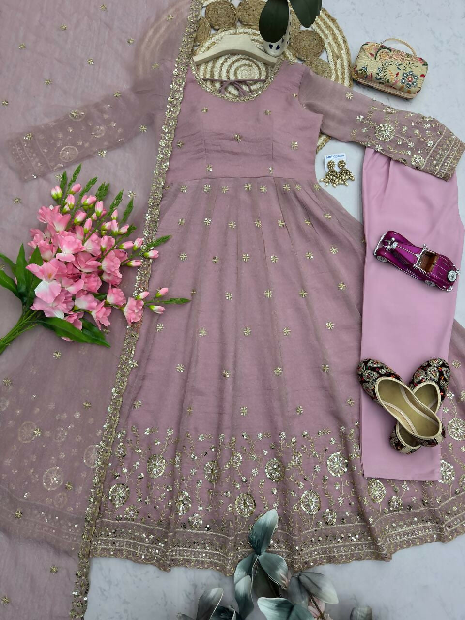 Teeya Creation Elegant Pink Embroidered Anarkali Kurta Set With Mirror Work Dupatta