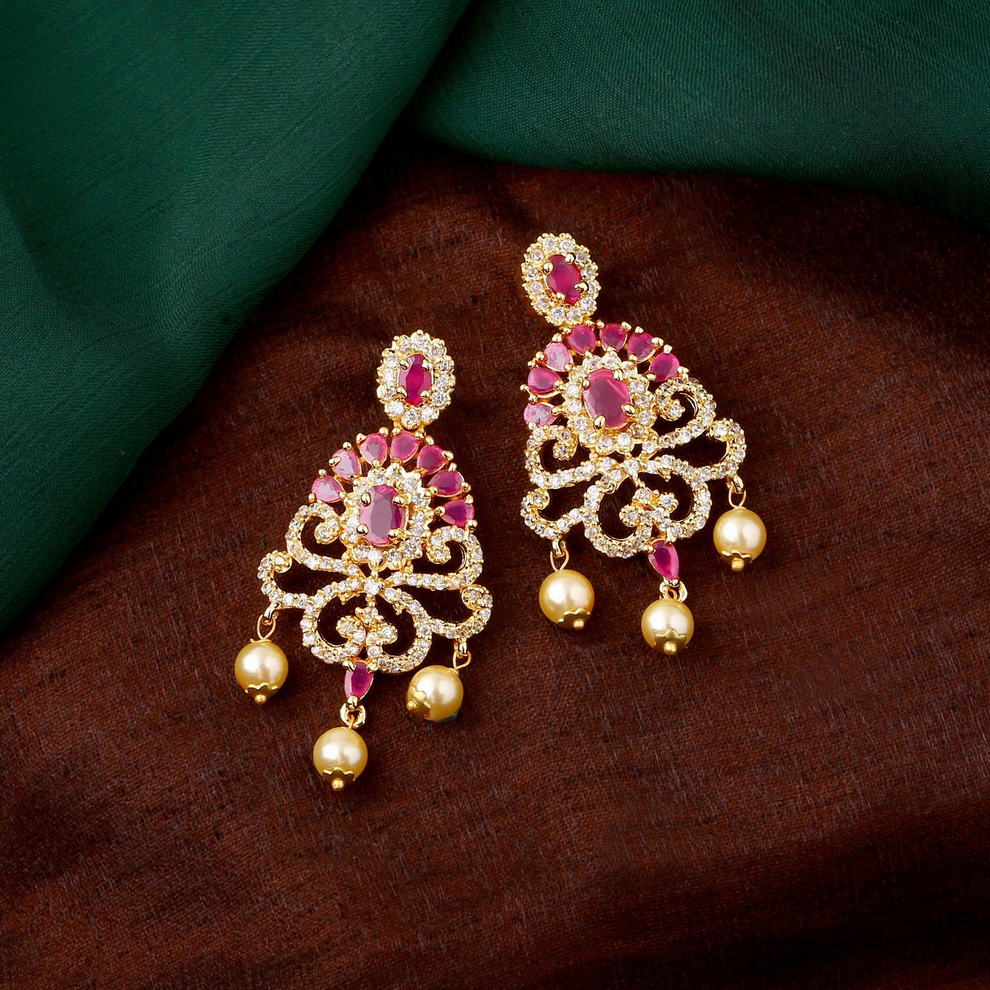 Estele Gold Plated CZ Tiara Earrings with Pearl & Ruby Crystals for Women