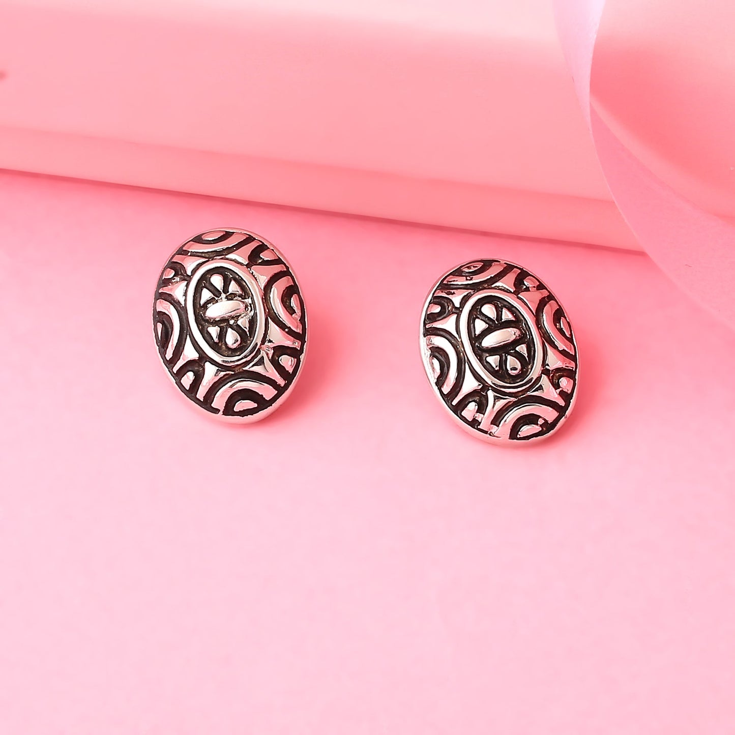 Oxidized Silver Plated Black Enamel Ovel Shaped Stud Earrings