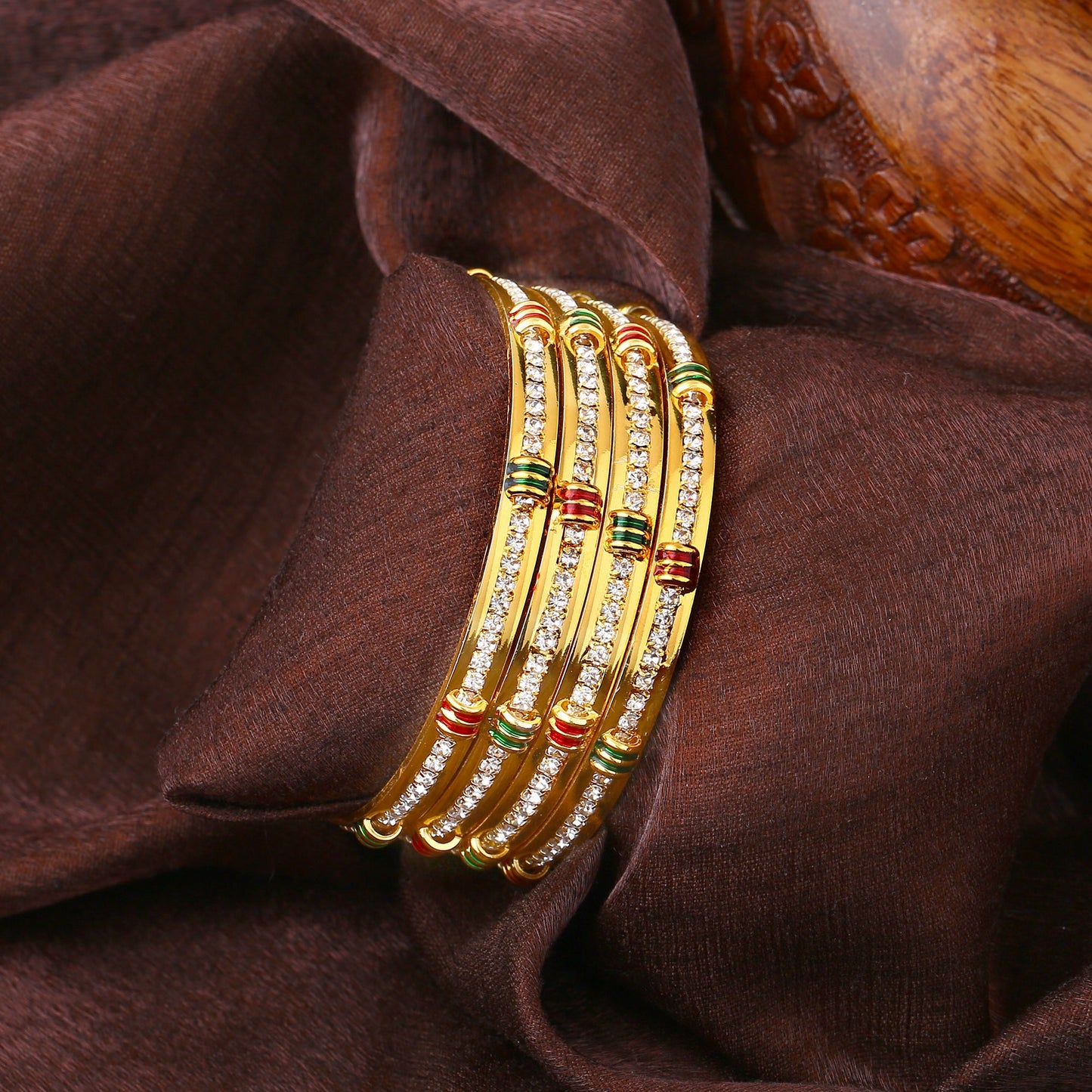 Estele Gold Plated Set of 4 Traditional Bangles with White Crystals for Women |Available Sizes 2:6 & 2:8 | Perfect Blend of Glamour and Elegance