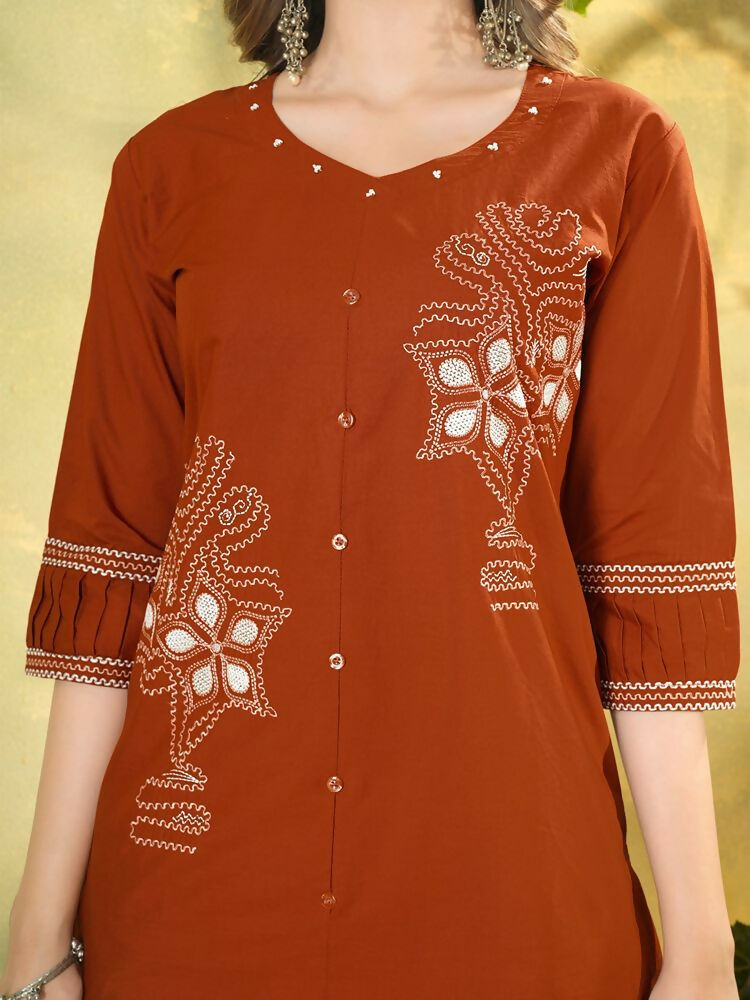 Teeya Creation Orange Embroidered Cotton Co-ord Set for Women