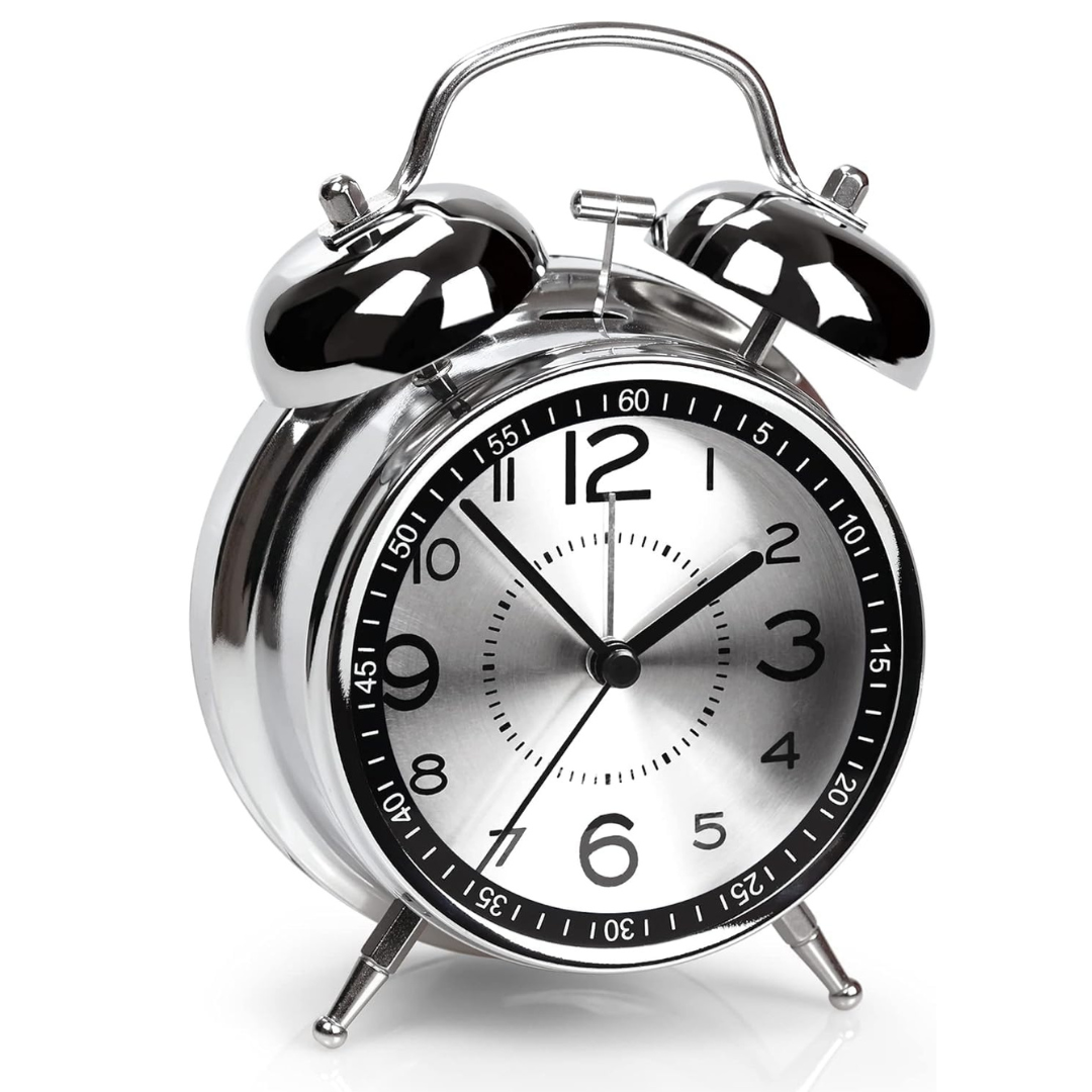 Analog Twin Bell Alarm Clock for Heavy Sleepers – Loud 4-Inch Metal Table Clock with Backlight, Ideal for Students, Bedroom, Office, or Home Décor (Silver)