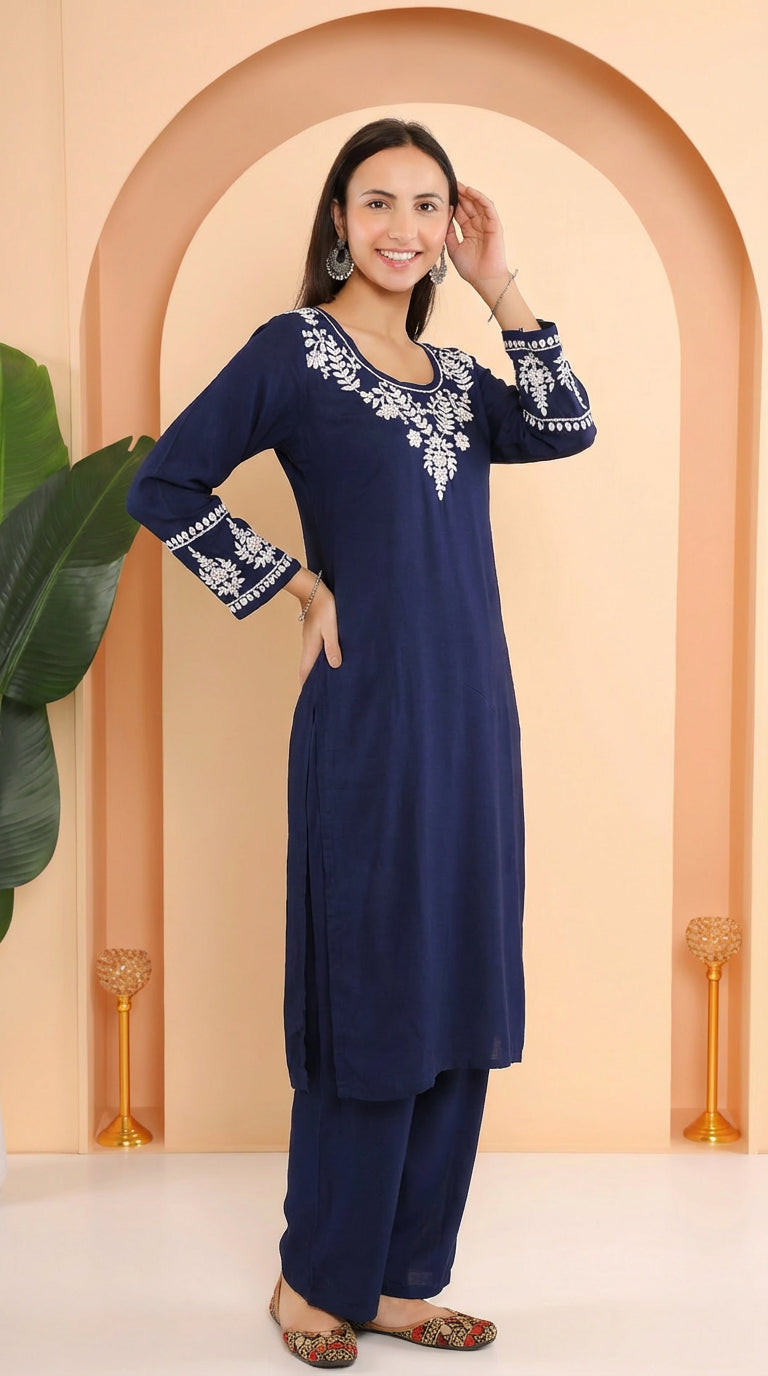 Gharana India Ishq Luxury Rayon 2Pc Navy Blue Chikankari Kurta Set