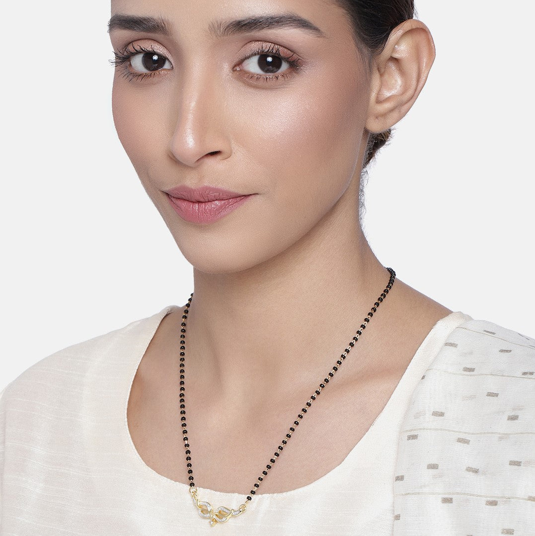 Estele Gold & Rhodium Plated Lightweight Leaflet Textured Mangalsutra Necklace with White Austrian Crystals for Women