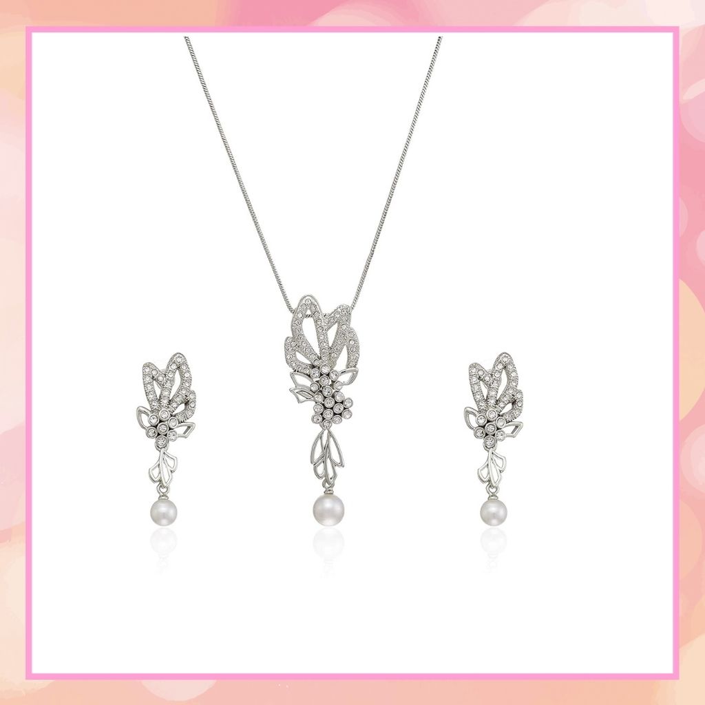 Estele Rhodium Plated with Pearl Drop Necklace Set for Women