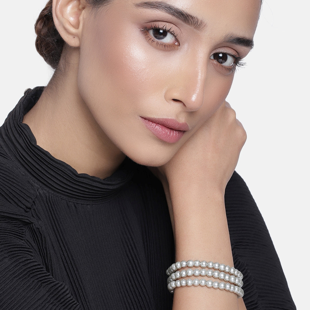 Estele Rhodium Plated Graceful 3 Line Grey Pearl Bracelet for Girls & Women