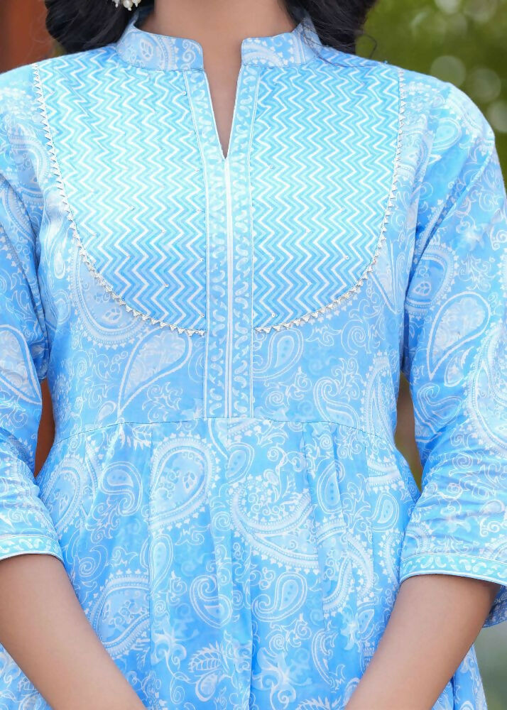 Jaimini Women Cotton Printed Mandarin Collar Neck Calf Length Flared Kurta Pant And Dupatta Set