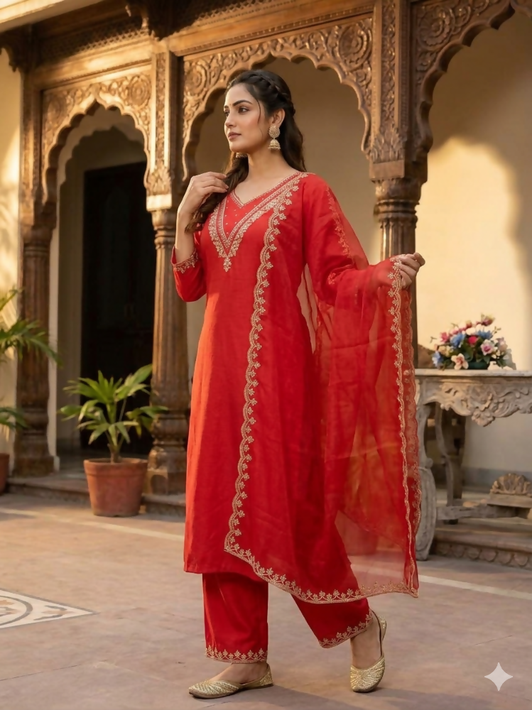 Teeya Creation New Womens Red Straight Cut Kurta Set with Scalloped Embroidered Organza Dupatta Set