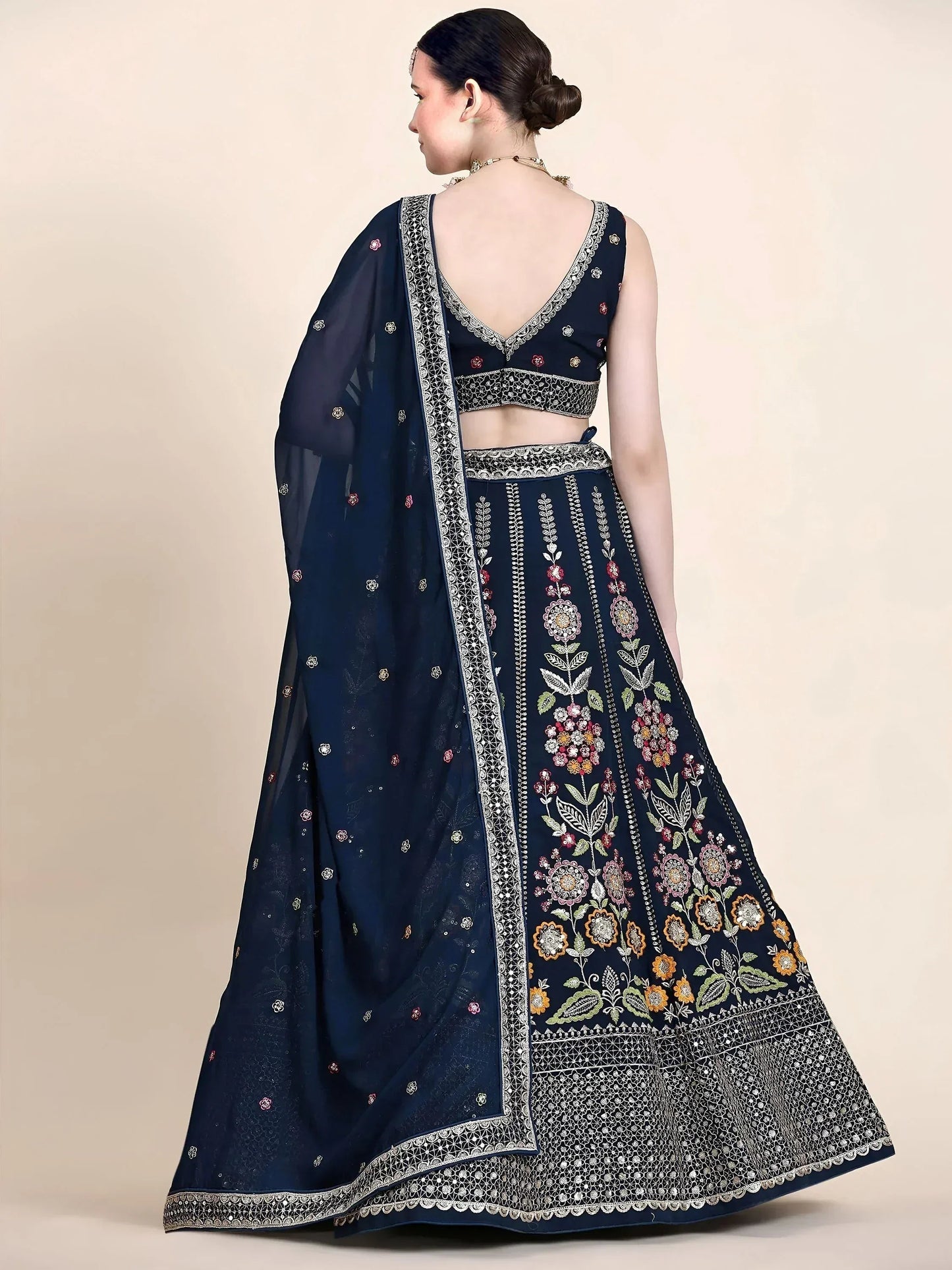 Tulsi Art Outstanding Navy Blue Floral Embroidered Georgette Sangeet Wear Lehenga Choli