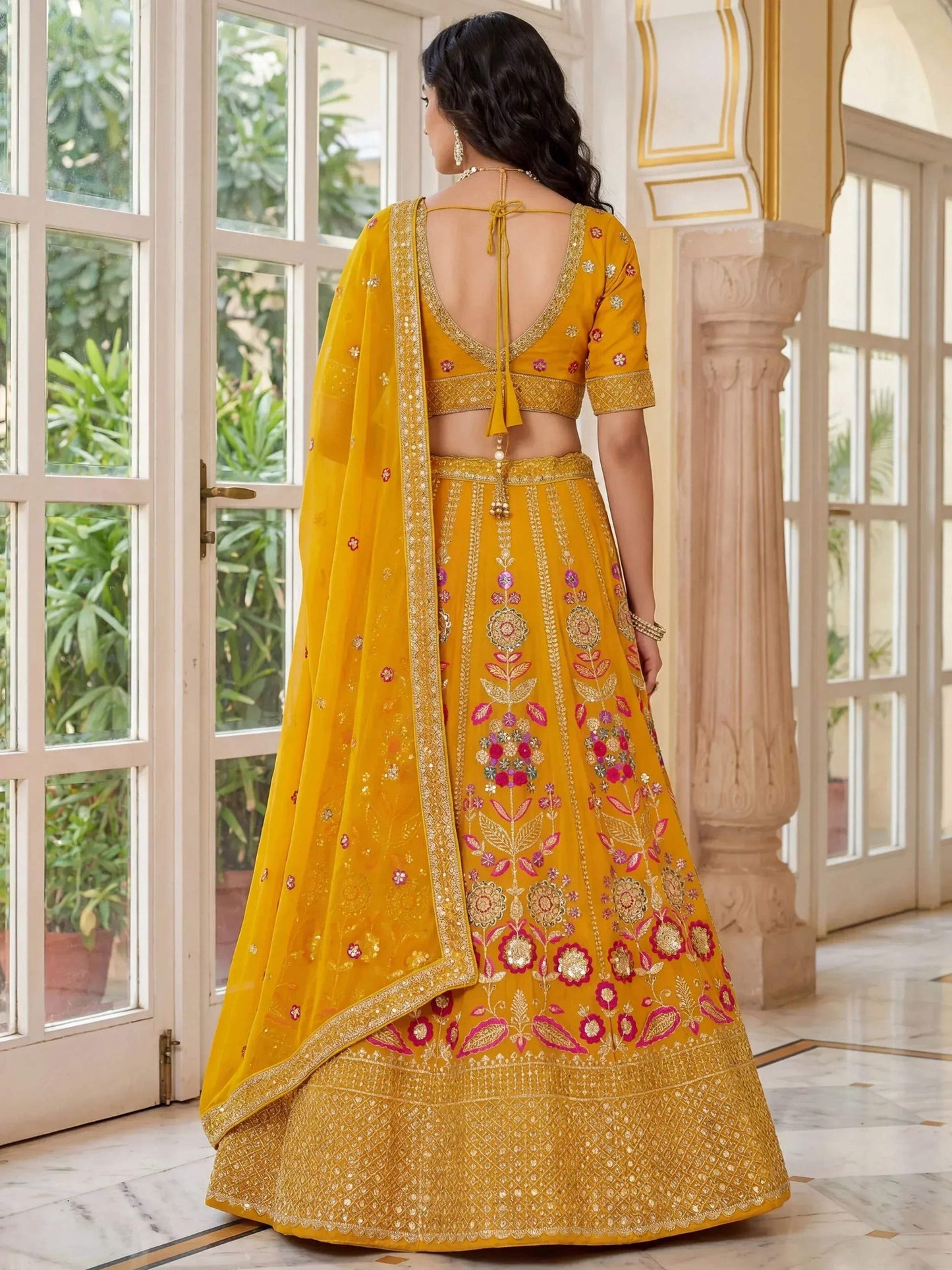 Tulsi Art Alluring Yellow Sequins Georgette Wedding Wear Lehenga Choli