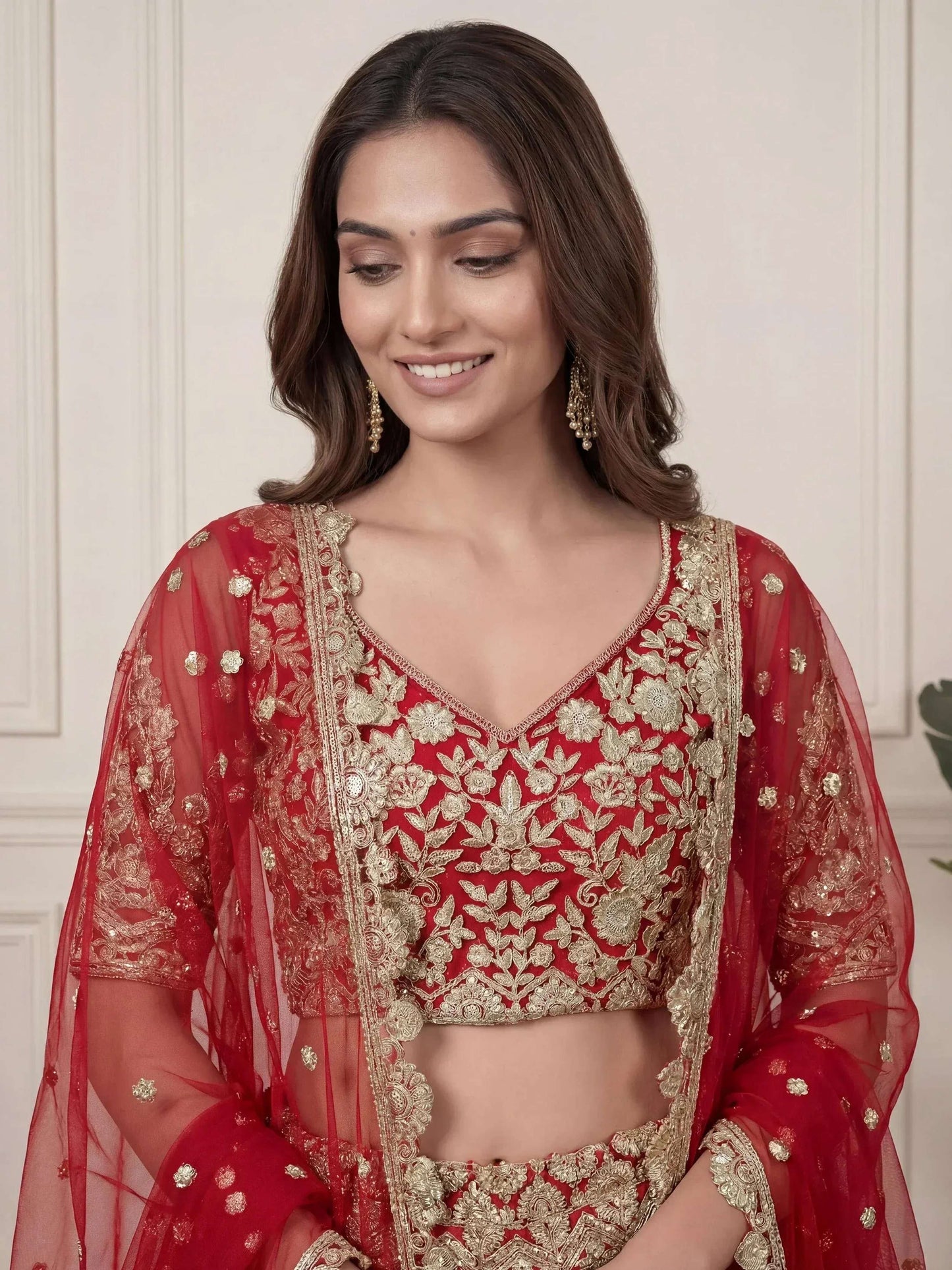Tulsi Art Outstanding Red Zari Embroidered Net Wedding Wear Lehenga Choli