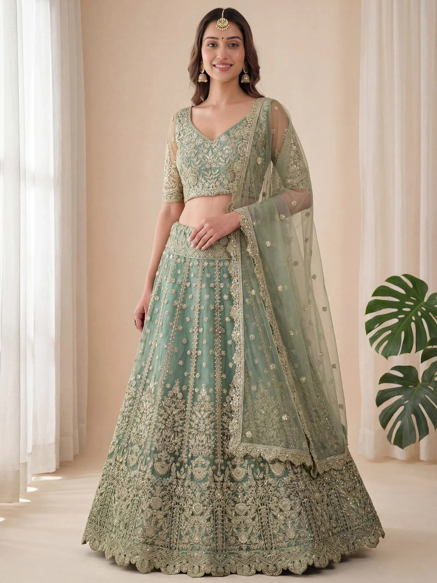 Tulsi Art Dazzling Green Embroidered Soft Net Function Wear Lehenga Choli