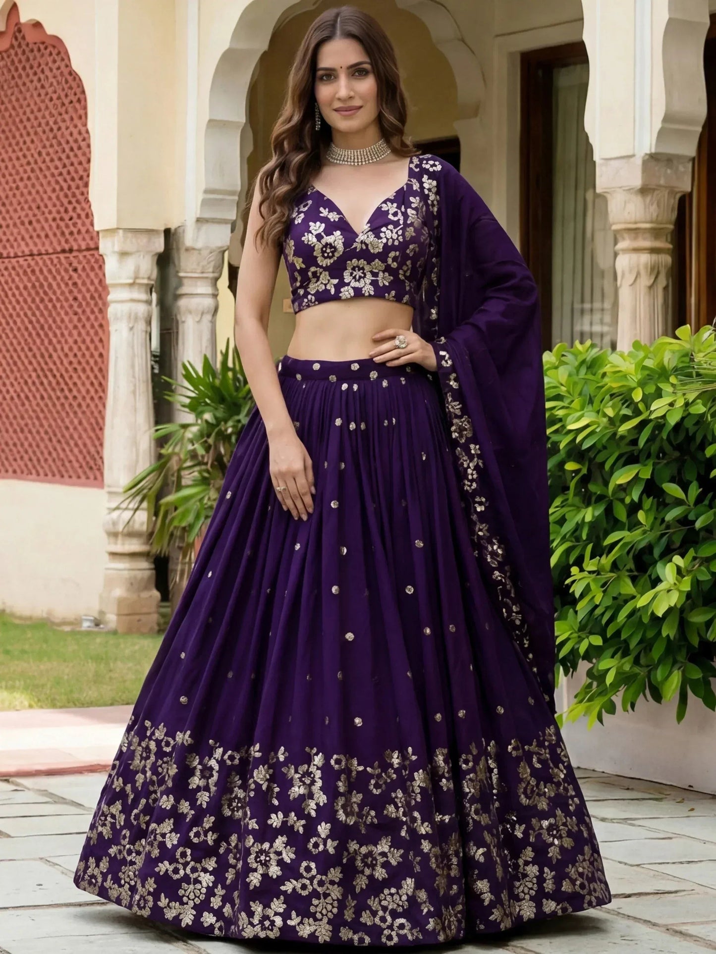 Tulsi Art Outstanding Purple Sequins Georgette Wedding Wear Lehenga Choli
