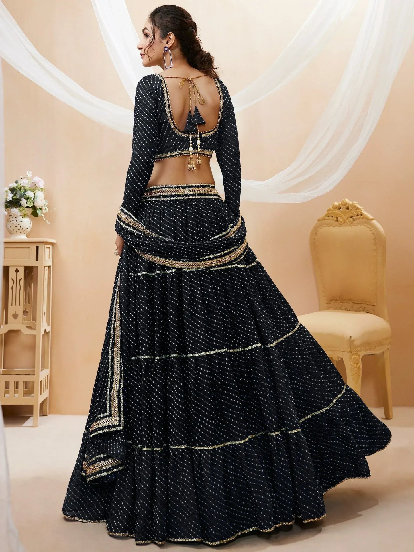 Tulsi Art Wonderful Black Leheriya Printed Georgette Party Wear Lehenga Choli