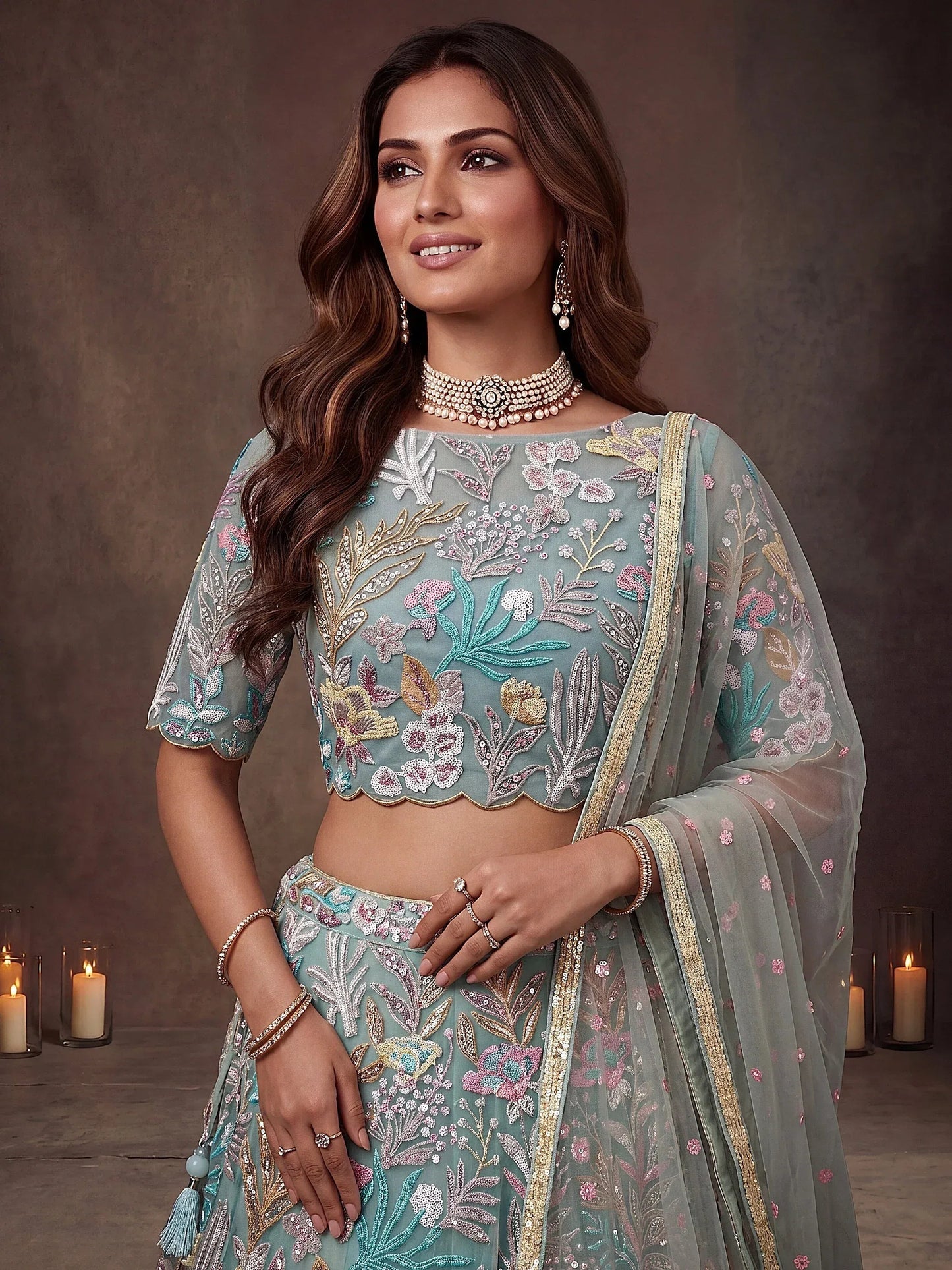 Tulsi Art Sparkling Pista Green Embroidered Net Marriage Wear Lehenga Choli