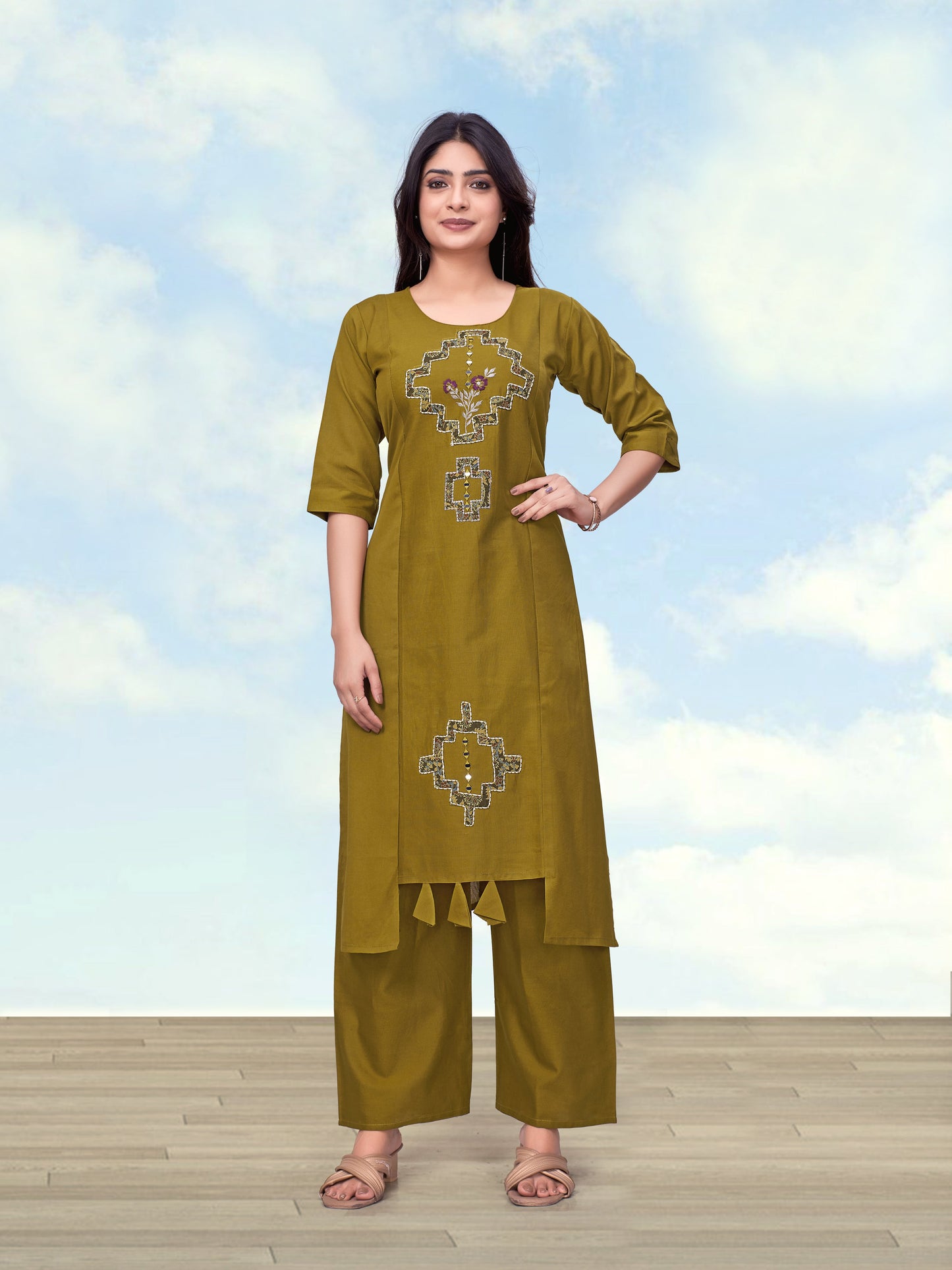 Monjolika Fashion Olive Green Cotton Flex Casual Regular Fit Kurti With Pant