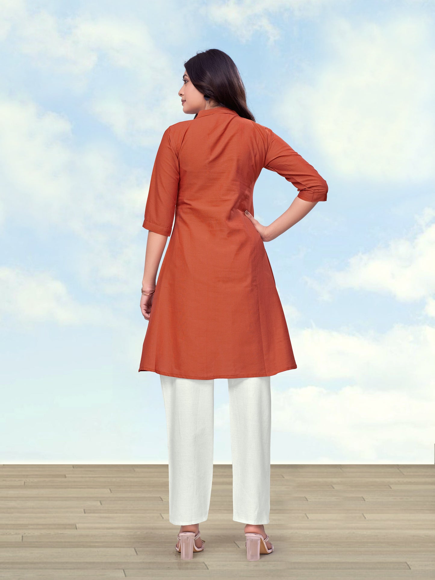 Monjolika Fashion Rust Color Cotton Flex Embroidered Work Kurta Set