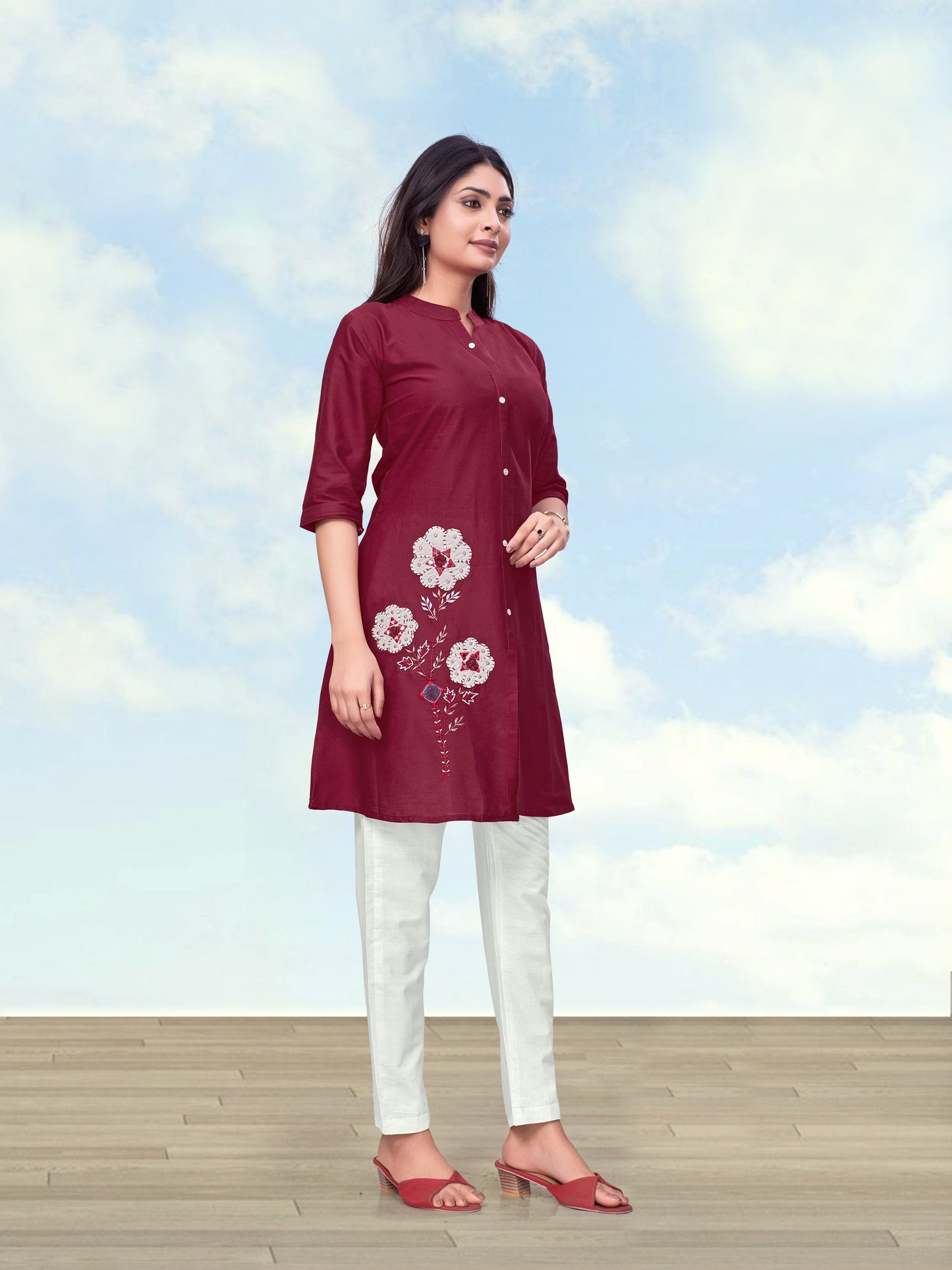Monjolika Fashion Maroon Color Cotton Flex Embroidered Work Kurta Set