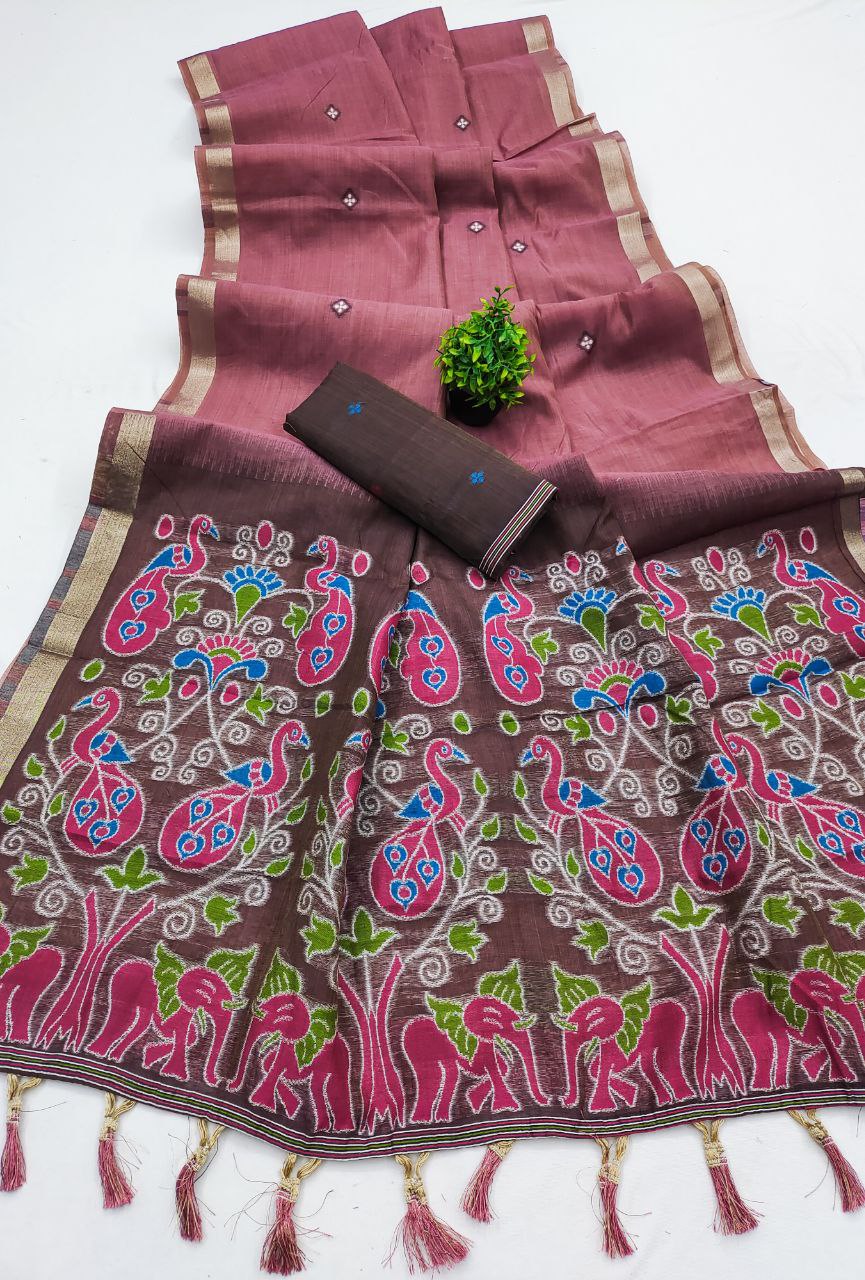 Mameraa Sarees Soft Pure Muga Cotton Saree With Meenakari Weaving Motifs And Contrast Blouse-Pink