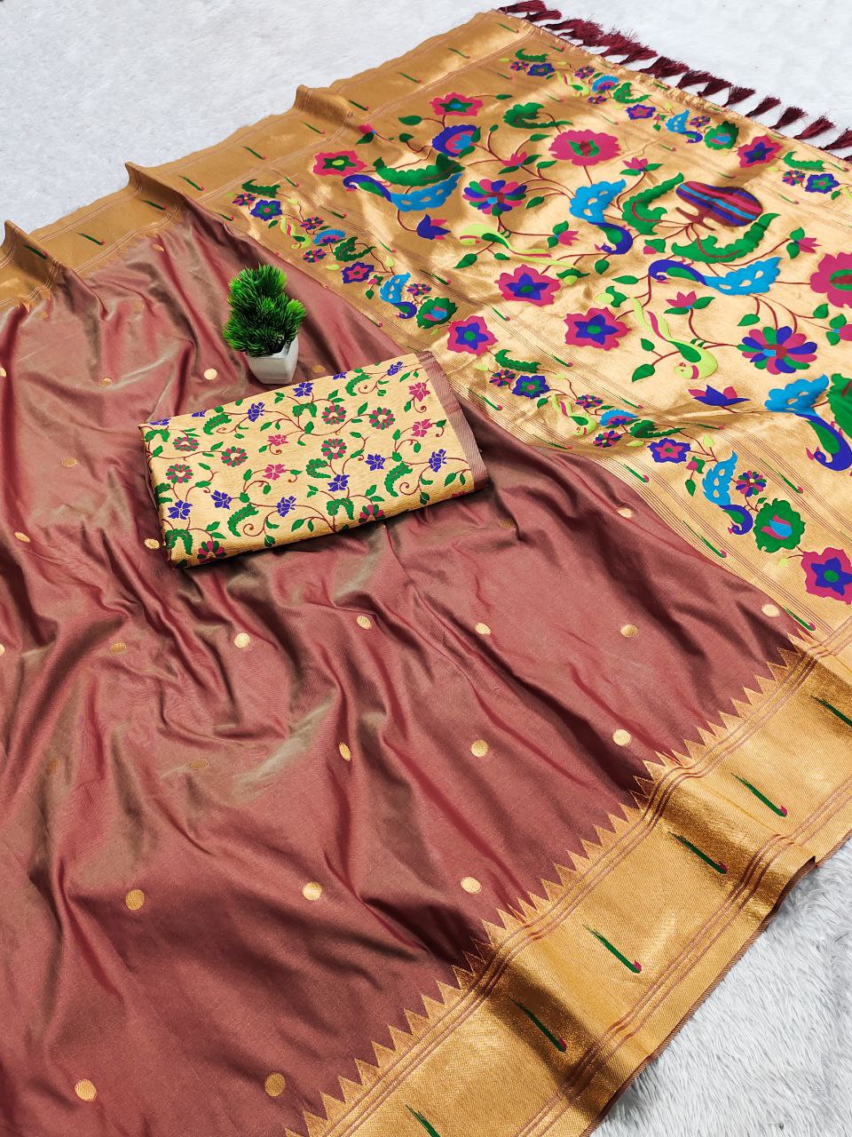 Mameraa Sarees Coffee Faux Banarasi Silk Saree With Paithani Rich Weaved Pallu And Blouse-Cofee