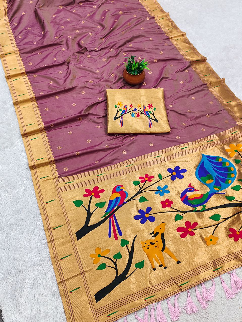 Mameraa Sarees Onion Pink Faux Banarasi Silk Saree With Paithani Rich Weaved Pallu And Blouse-Onion_Pink