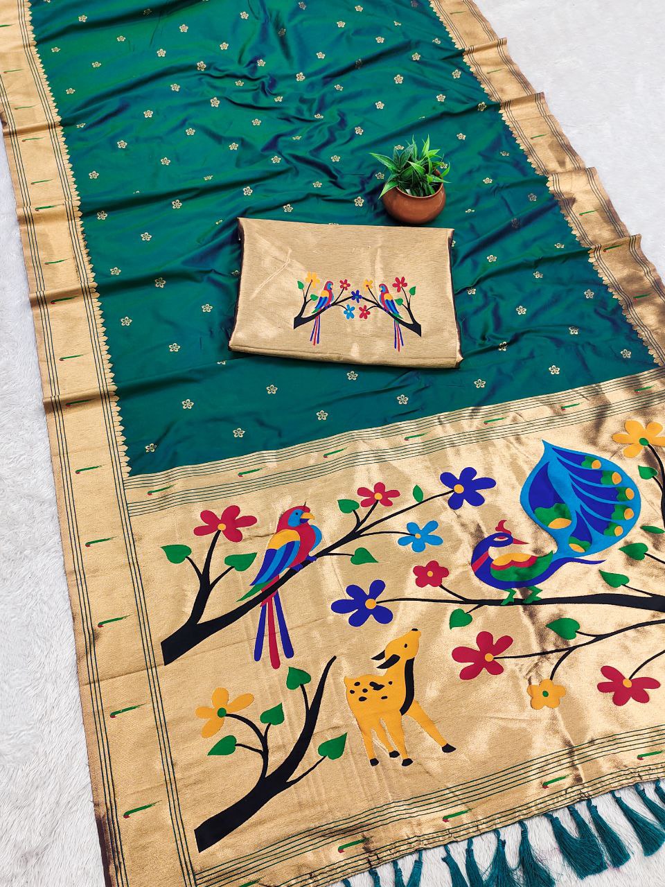 Mameraa Sarees Rama Faux Banarasi Silk Saree With Paithani Rich Weaved Pallu And Blouse-Rama_Green