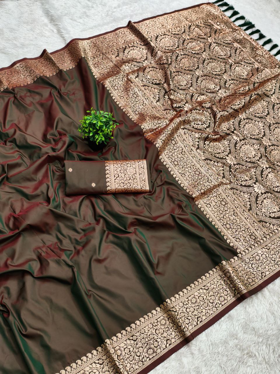 Mameraa Sarees Brown Soft Banarasi Silk Fabric Saree With Natural Zari Weaving In Gala Border-Brown