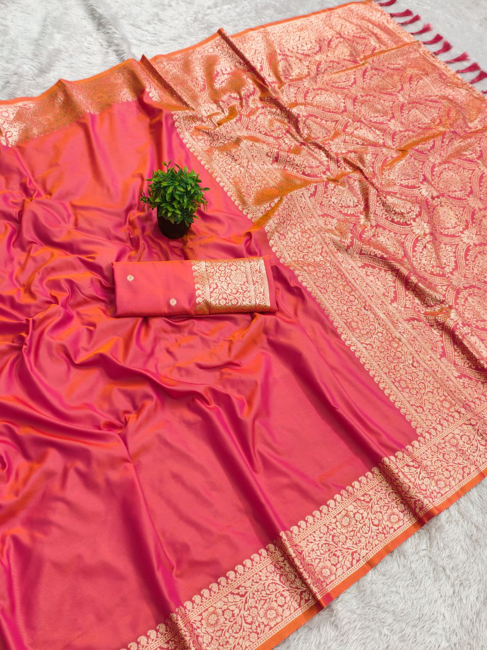 Mameraa Sarees Peach Soft Banarasi Silk Fabric Saree With Natural Zari Weaving In Gala Border-Peach