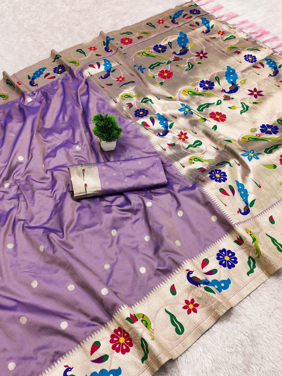 Mameraa Sarees Lavender Faux Banarasi Silk Saree With Paithani Rich Weaved Pallu And Blouse-Lavender