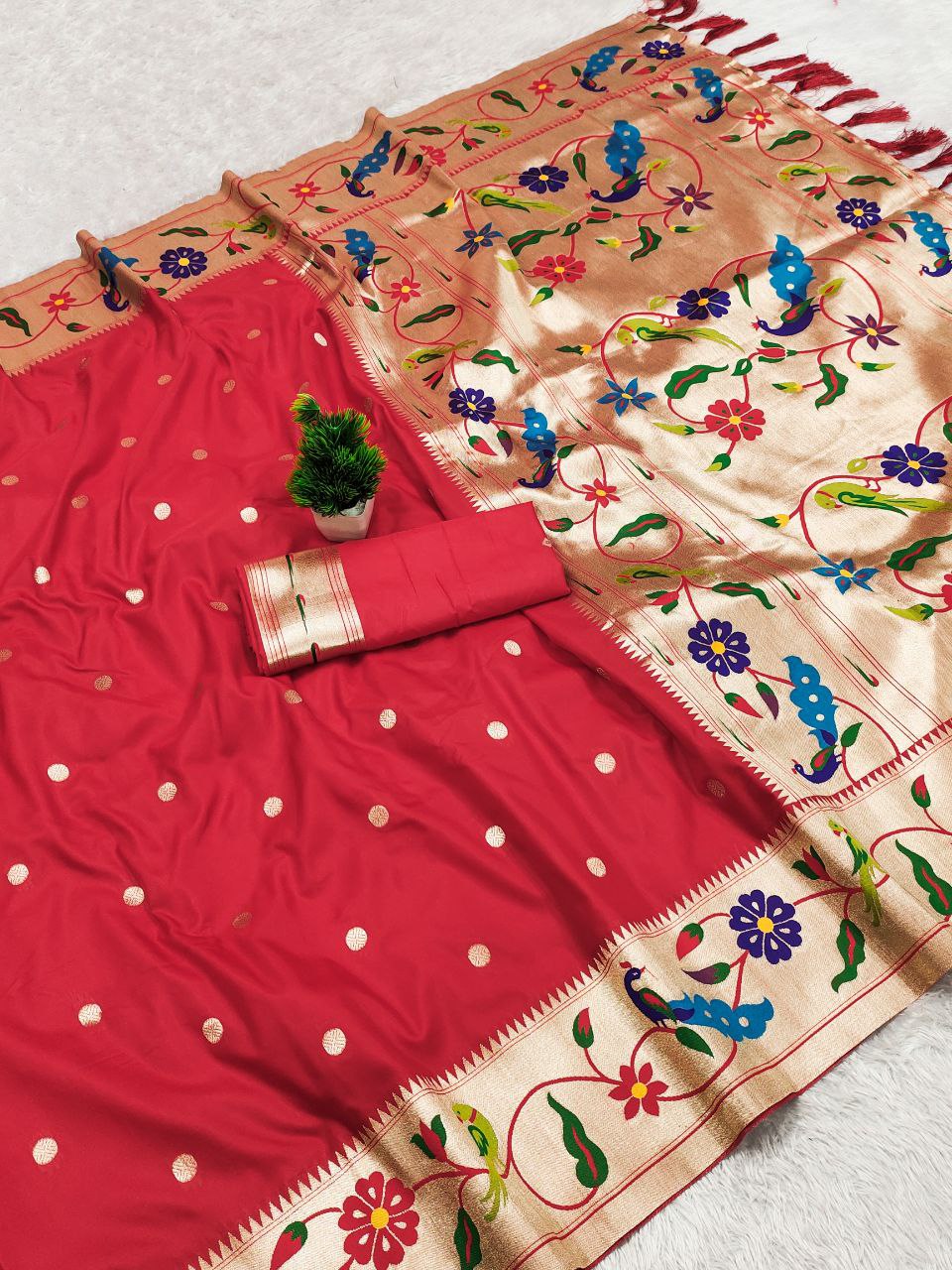 Mameraa Sarees Red Faux Banarasi Silk Saree With Paithani Rich Weaved Pallu And Blouse-Red