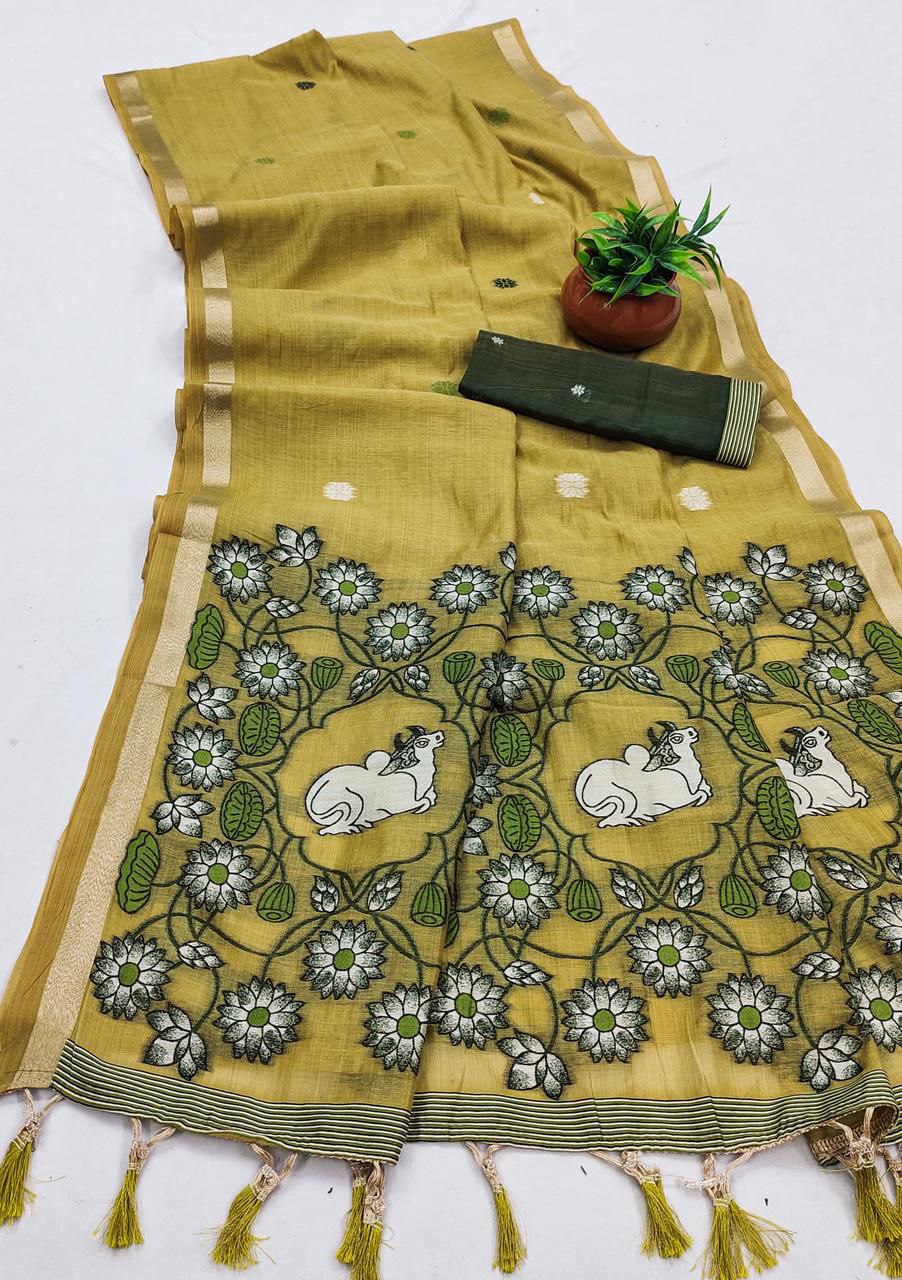 Mameraa Sarees Soft Pure Muga Cotton Saree With Meenakari Weaving Motifs And Contrast Blouse-Olive