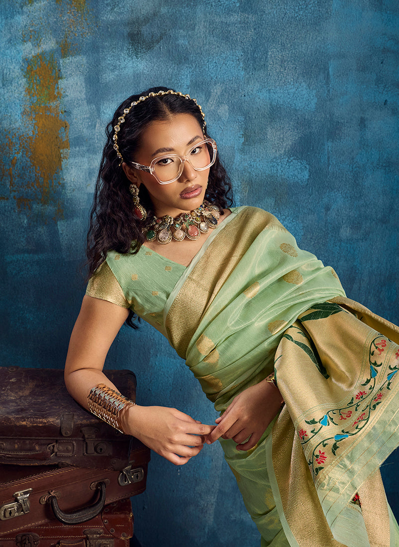 Monjolika Fashion Pastel Green Paithani Tissue Handloom Weaving Saree