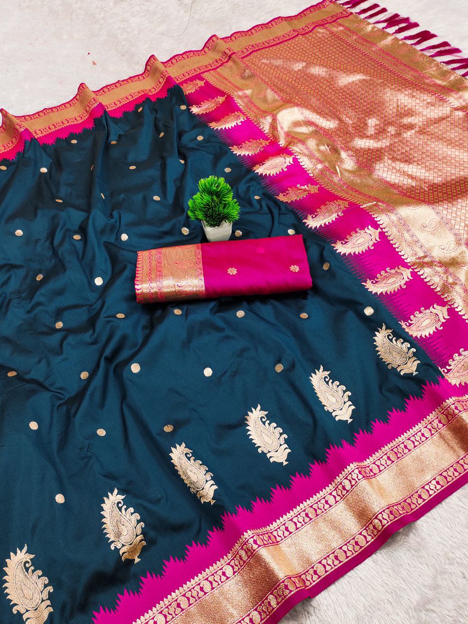 Mameraa Sarees Teal Soft Silk Blend Saree With Zari Weaving Meenakari Design-Teal