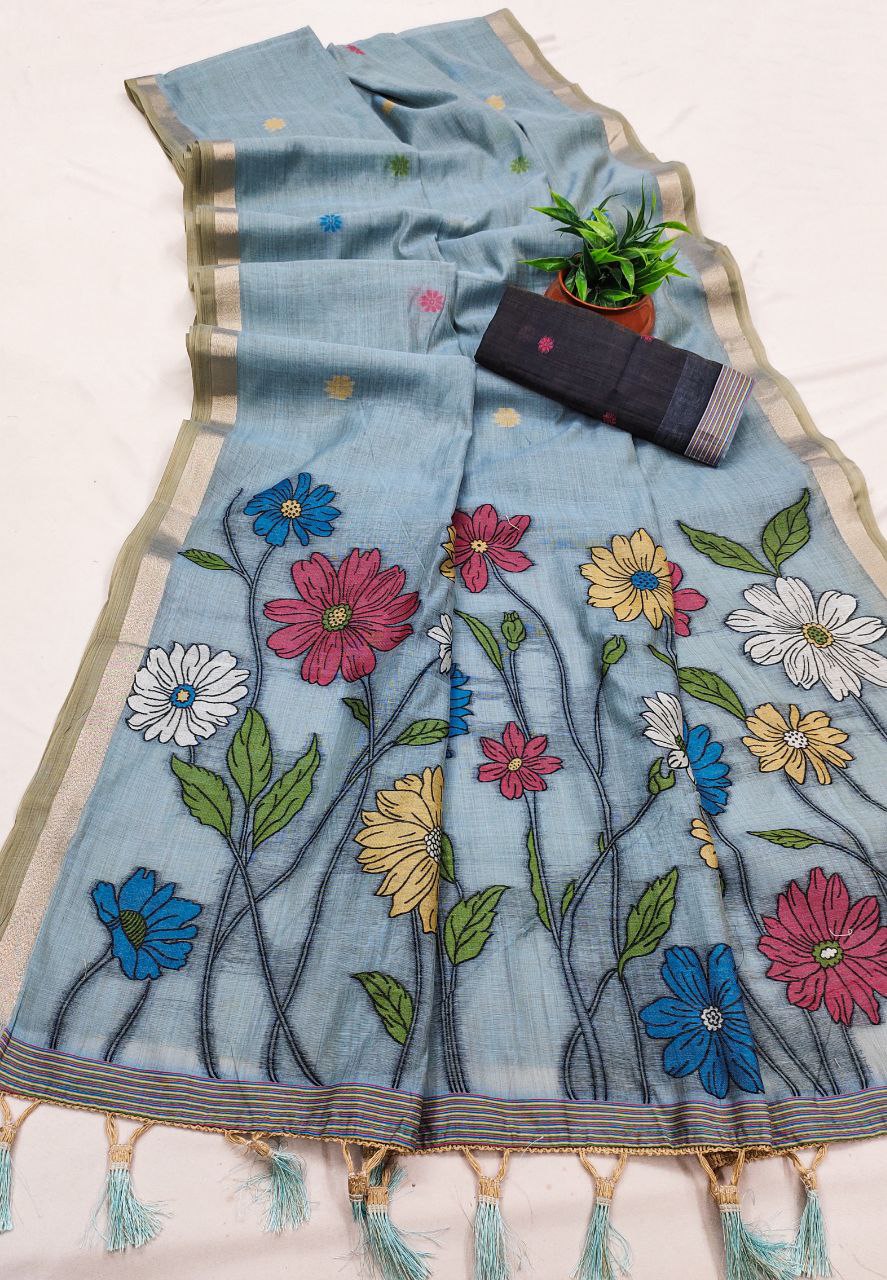 Mameraa Sarees Soft Pure Muga Cotton Saree With Meenakari Weaving Motifs And Contrast Blouse-Sky_Blue