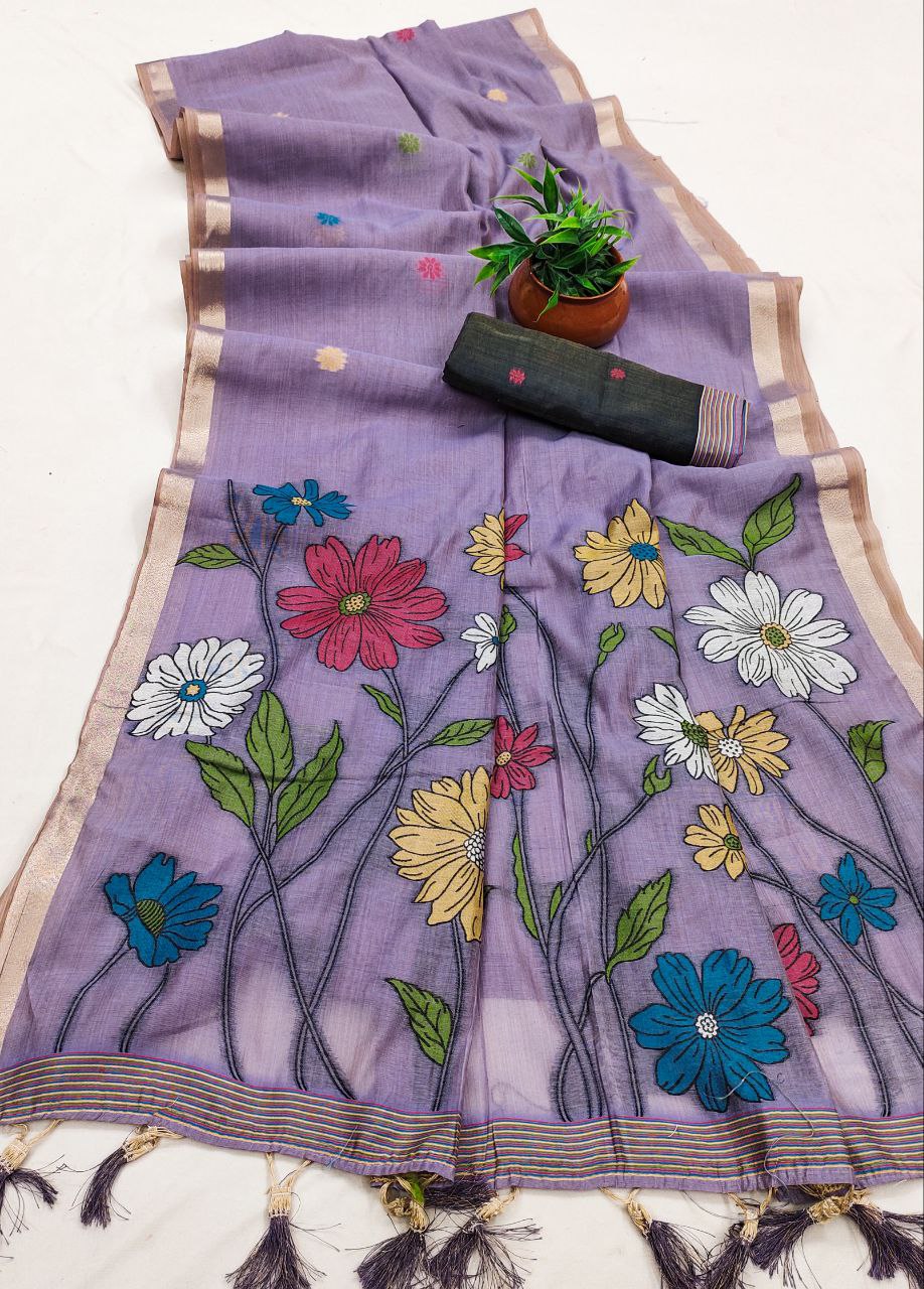 Mameraa Sarees Soft Pure Muga Cotton Saree With Meenakari Weaving Motifs And Contrast Blouse-Lavender