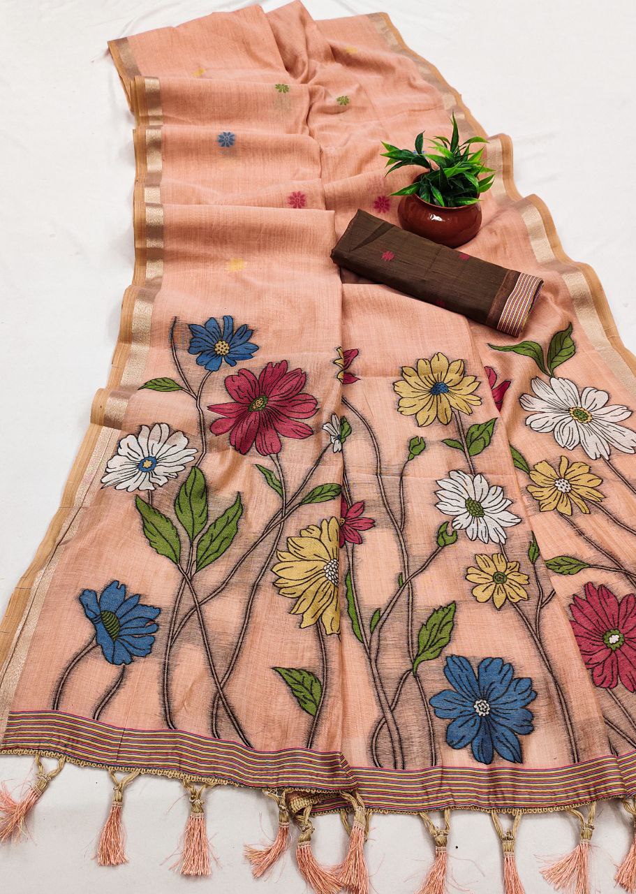 Mameraa Sarees Soft Pure Muga Cotton Saree With Meenakari Weaving Motifs And Contrast Blouse-Peach