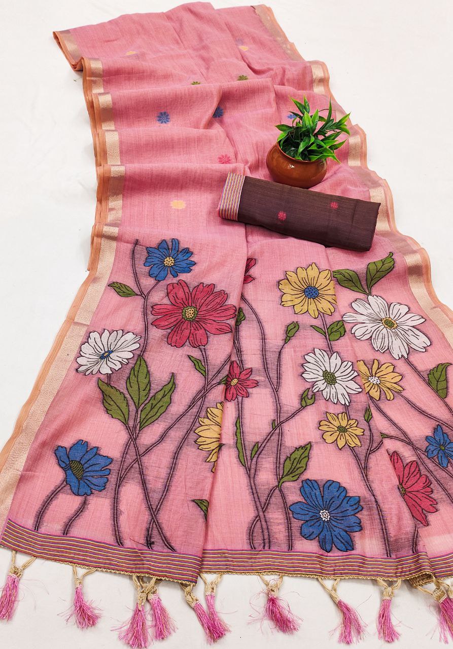 Mameraa Sarees Soft Pure Muga Cotton Saree With Meenakari Weaving Motifs And Contrast Blouse-Baby_Pink