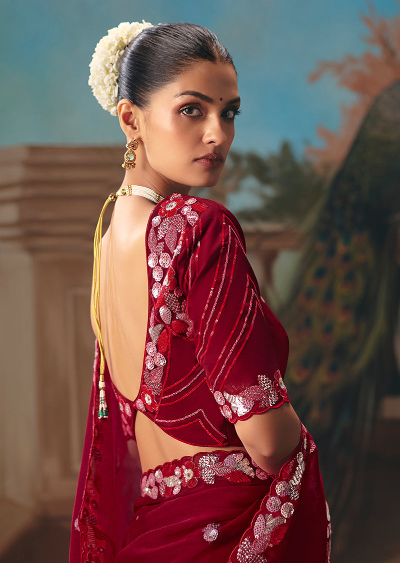 Monjolika Fashion Maroon Fancy Fabric Saree With Embroidered Work