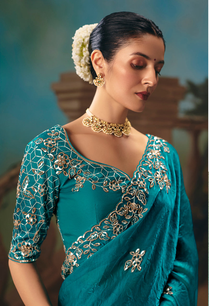 Monjolika Fashion Aqua Blue Fancy Fabric Saree With Embroidered Work