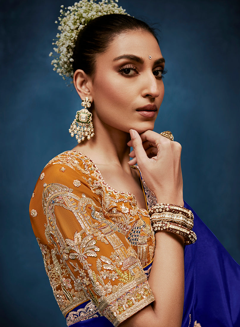 Monjolika Fashion Royal Blue Fancy Fabric Embroidered Saree With Stitched Blouse