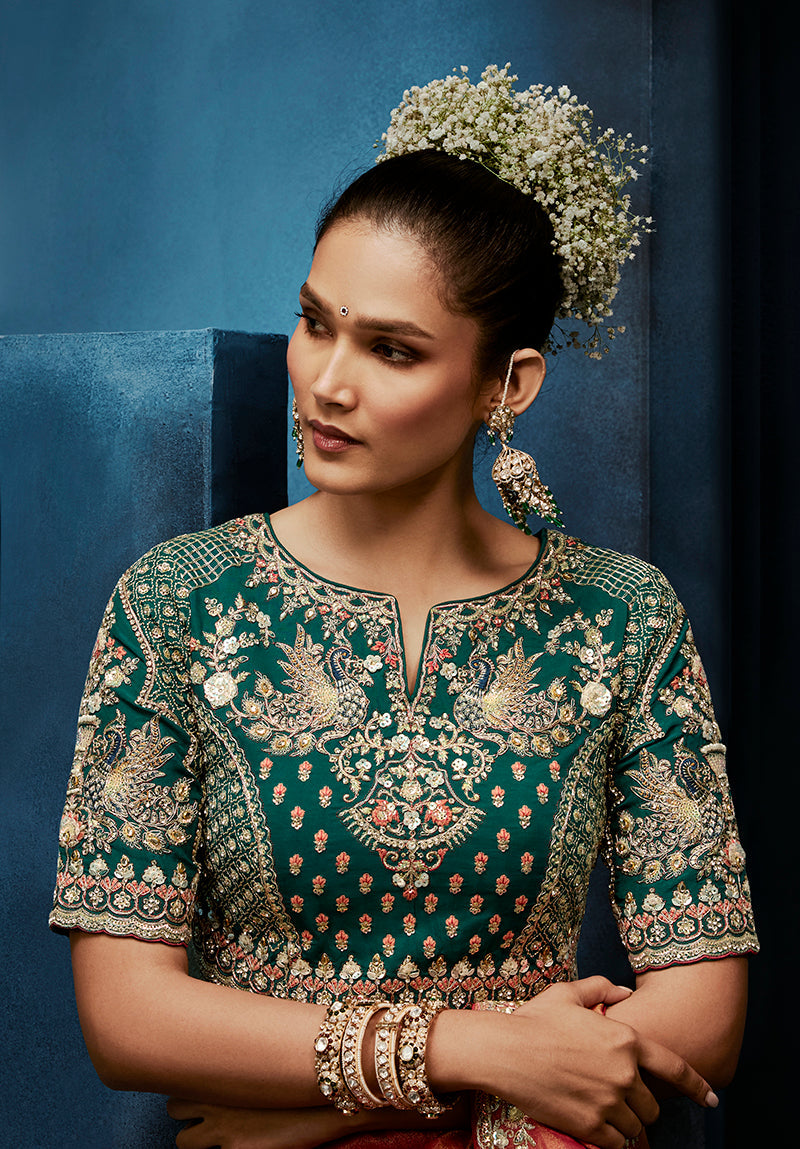 Monjolika Fashion Rust Fancy Fabric Embroidered Saree With Stitched Blouse