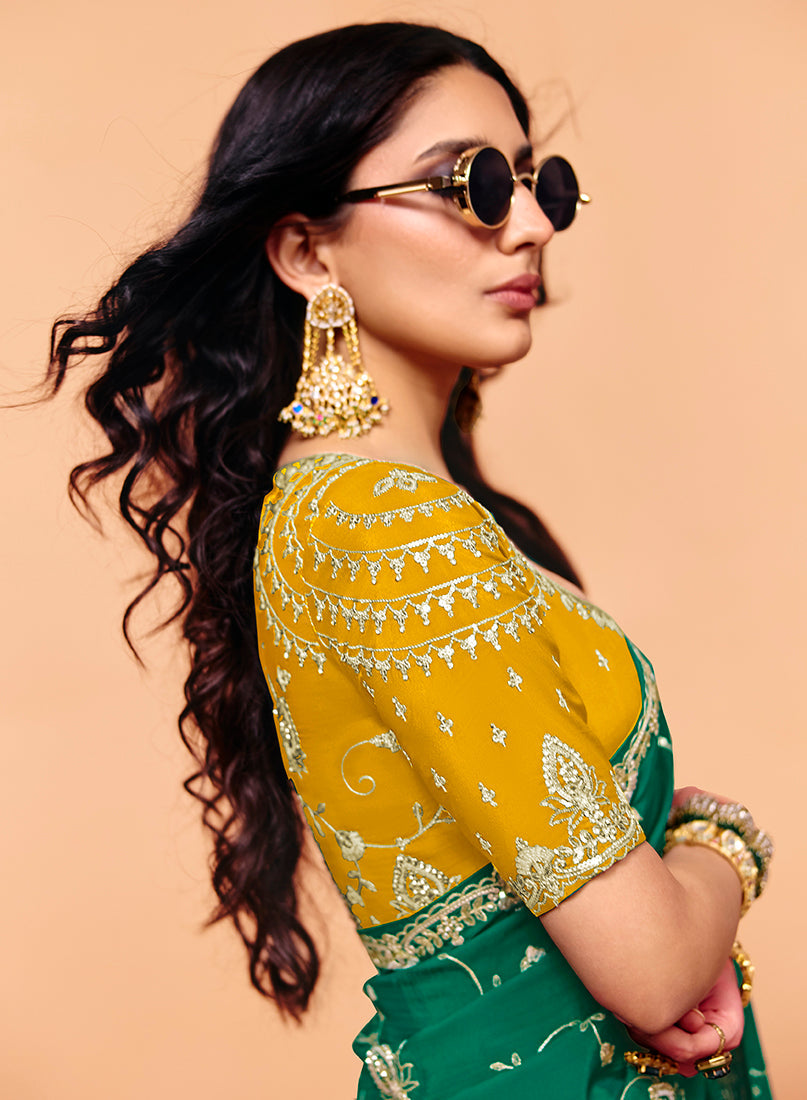 Monjolika Fashion Teal Green Faux Organza Satin Saree With Embroidery