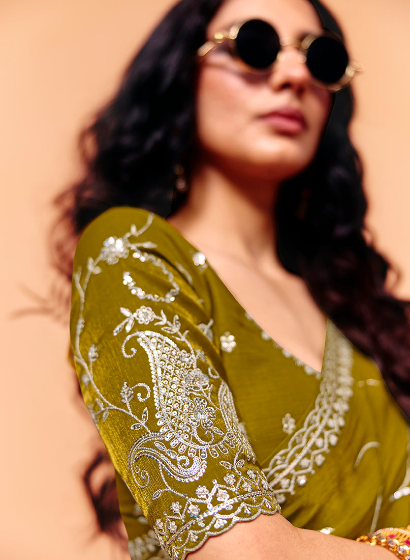 Monjolika Fashion Olive Green Faux Organza Satin Saree With Embroidery