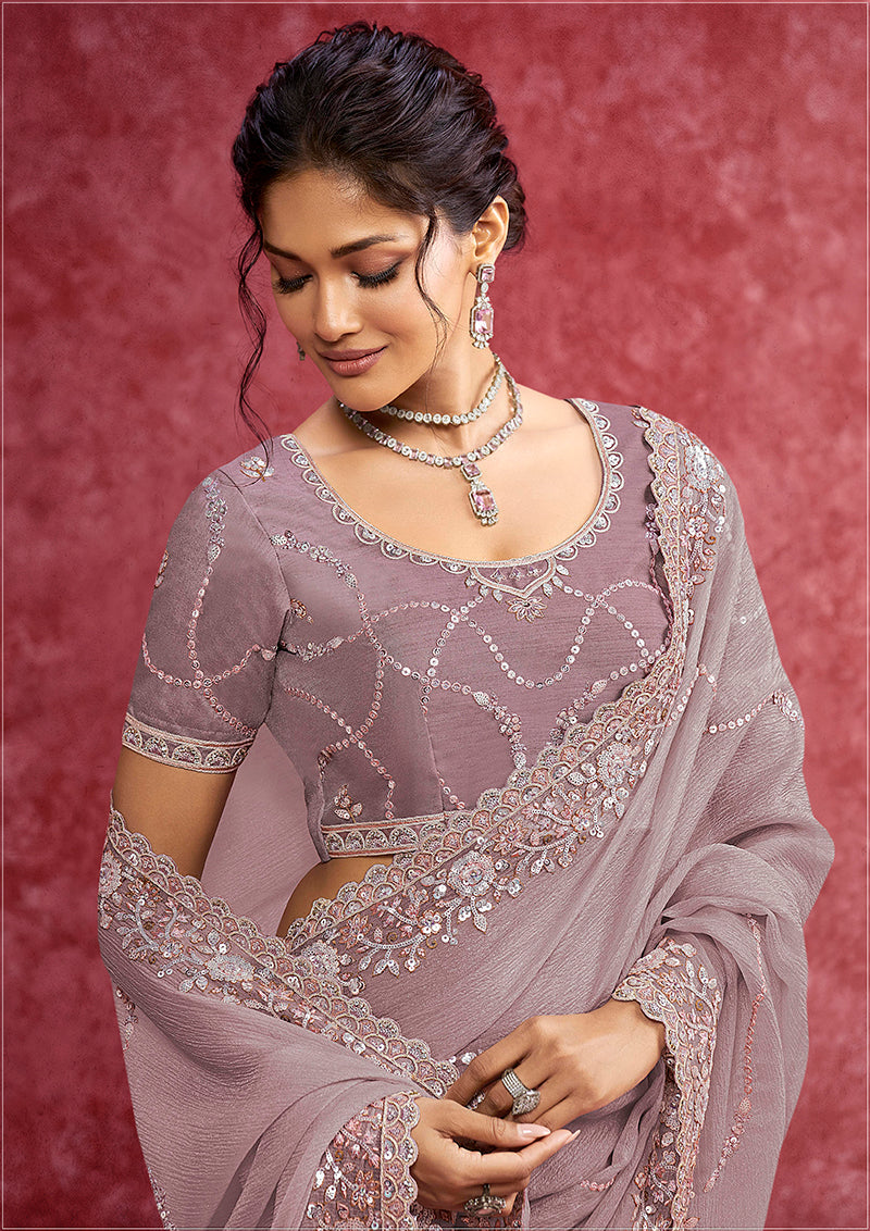 Monjolika Fashion Lavender Crush Silk Blend Embroidered Work Saree