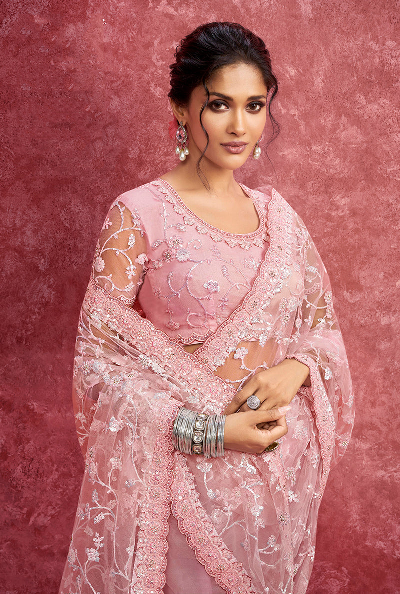 Monjolika Fashion Pink Net Embroidered Work Saree