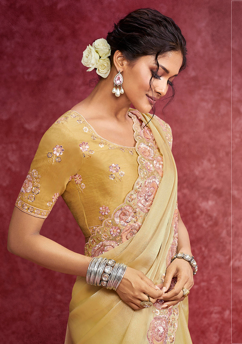 Monjolika Fashion Pastel Yellow Satin Silk Embroidered Work Saree