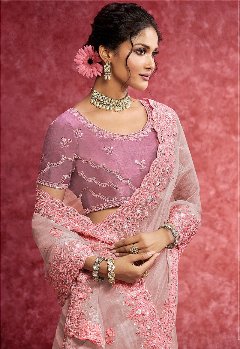 Monjolika Fashion Baby Pink Faux Tissue Embroidered Work Saree