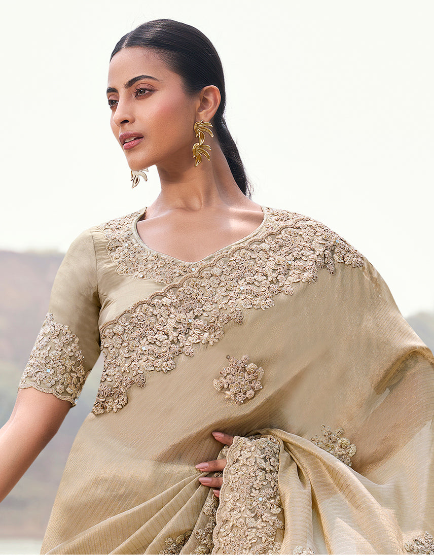 Monjolika Fashion Beige Embroidered Woven Faux Tissue Silk Saree