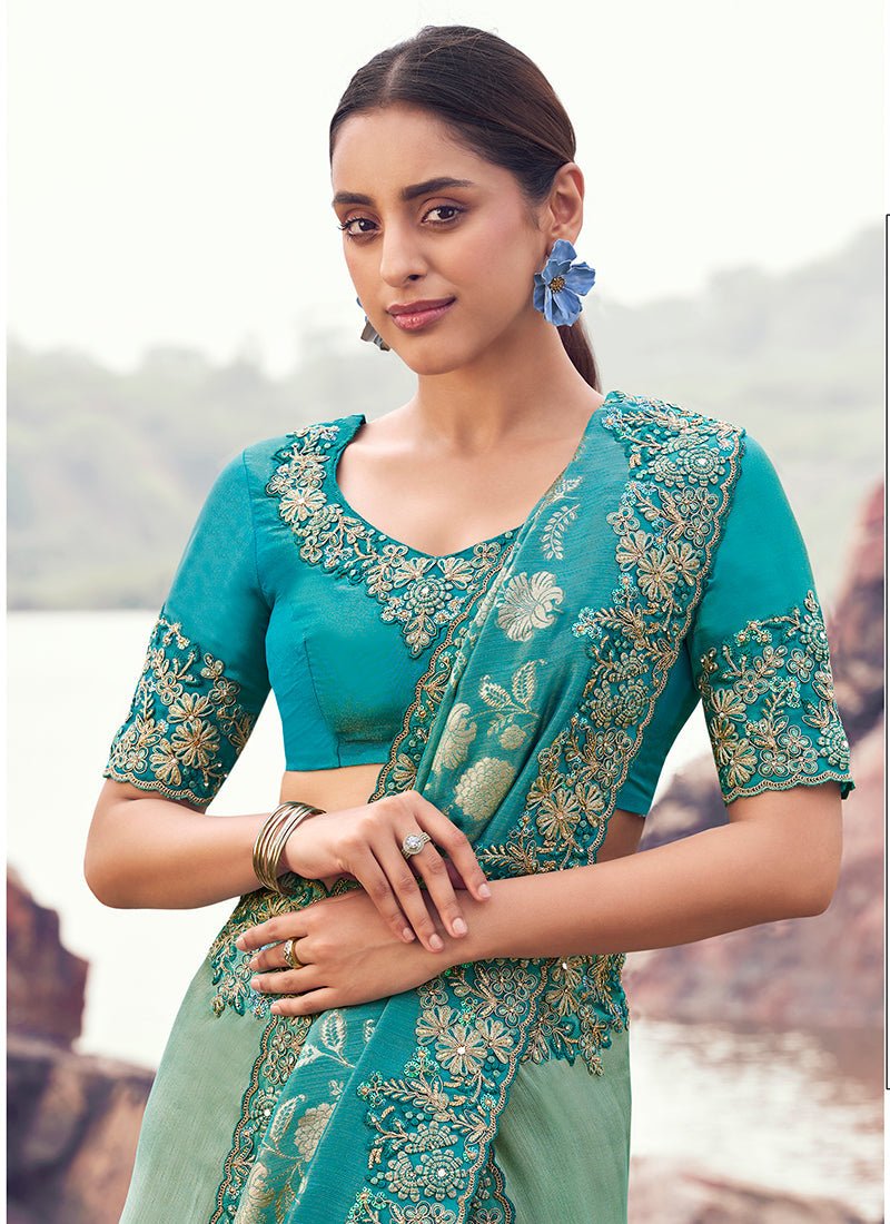 Monjolika Fashion Sea Green & Aqua Blue Embroidered Woven Faux Tissue Silk Saree