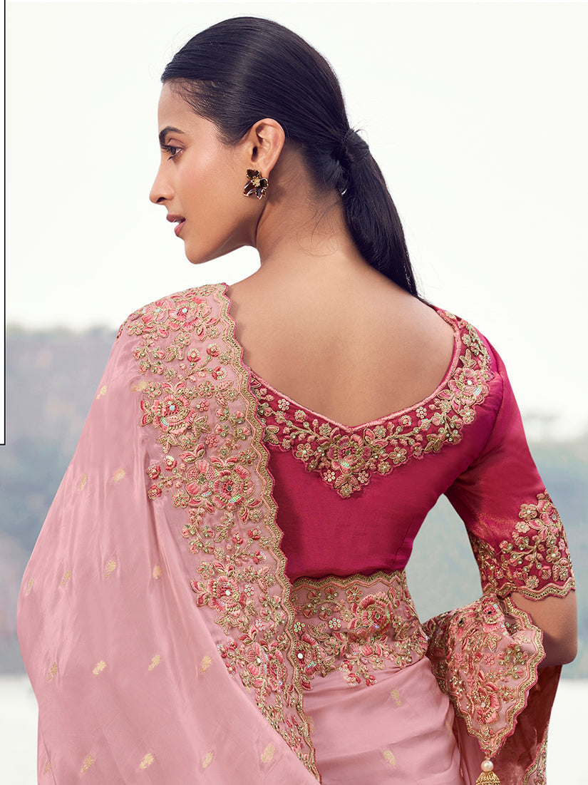 Monjolika Fashion Pink Embroidered Woven Faux Tissue Silk Saree